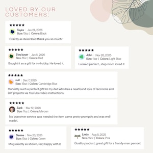 Peut inclure: Image de commentaires clients avec &eacute;valuations par &eacute;toiles et commentaires. Les avis mentionnent des tailles de mugs de 312 ml et 444 ml, avec des couleurs telles que noir, rouge, bleu clair, bleu Cambridge, marron, vert et rose. Le texte "LOVED BY OUR CUSTOMERS:" est en haut.