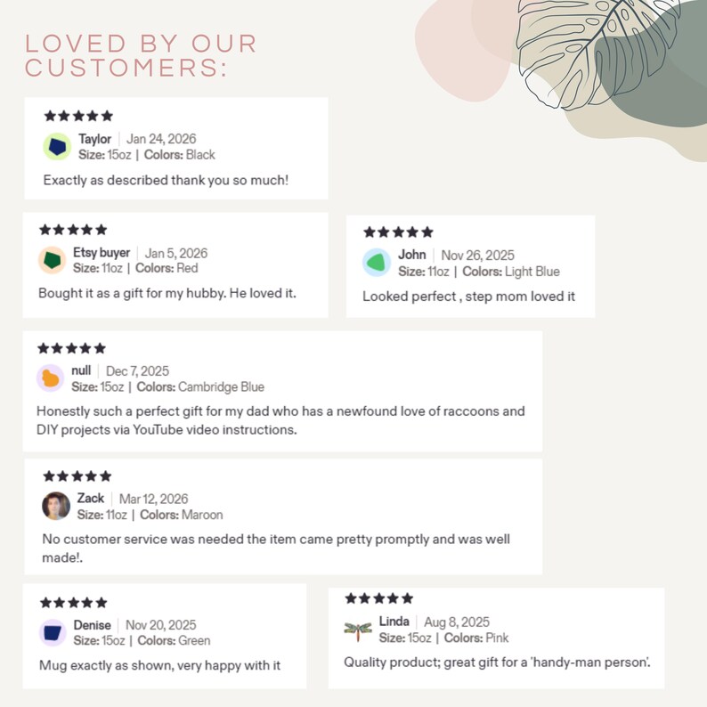 Peut inclure: Image de commentaires clients avec &eacute;valuations par &eacute;toiles et commentaires. Les avis mentionnent des tailles de mugs de 312 ml et 444 ml, avec des couleurs telles que noir, rouge, bleu clair, bleu Cambridge, marron, vert et rose. Le texte "LOVED BY OUR CUSTOMERS:" est en haut.