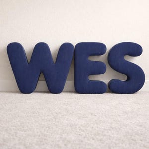 May include: Navy blue foam letters spelling "WES" are displayed against a white wall and a light-colored carpet. The letters have a textured surface and are positioned upright, creating a decorative display.