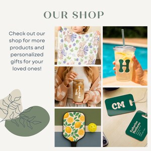 May include: A collage of products including a baby blanket with bunny illustrations, a personalized glass with a straw, a tumbler with the letter "H", a pickleball paddle with a lemon design, and luggage tags. The text "OUR SHOP" is at the top.