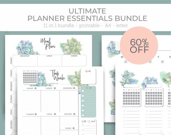 May include: A printable planner bundle with a watercolor succulent design. The bundle includes a meal planner, weekly planner, and daily planner pages. The text "Ultimate Planner Essentials Bundle" and "60% Off" is visible in the image.