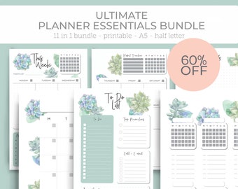 May include: A set of 11 printable planner pages featuring a watercolor succulent design. The pages include a weekly planner, a monthly calendar, a habit tracker, a to-do list, and a top priorities list. The pages are designed for A5 or half-letter size paper.