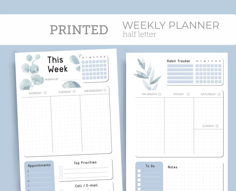 PRINTED Weekly Planner Inserts, Undated Agenda Refill, Wo2p, Week on ...