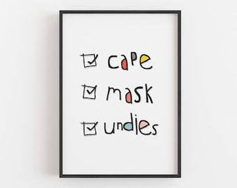 Funny Superhero Kids wall art 'Superhero checklist' cape mask undies, Superhero nursery decor, comic book kids bedroom art, kids art prints