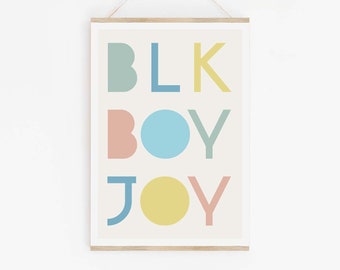 Colourful 'Black Boy Joy' Typography poster, Inspirational nursery decor Positive art for an African American boys bedroom