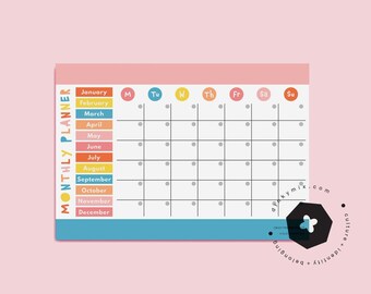 Kids Monthly Planner Diary Printable. Monthly calendar organisation planning. kids monthly study desk pad