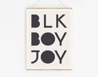 Minimalist 'Black Boy Joy' Typography poster, Inspirational nursery decor Positive art for an African American boys bedroom black and white