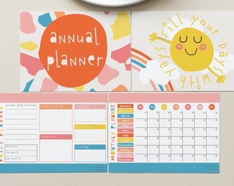 Kids Annual Planner Printable, Daily Weekly and Monthly Planner included. Teach Organisation + Planning with a Dinky Mix Digital Download