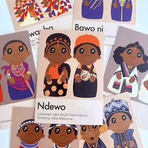 May include: A collection of rectangular cards featuring cartoon illustrations of people in diverse traditional attire. Each card displays two figures, a language name, a regional origin, and a greeting. The central card shows the text Ndewo.