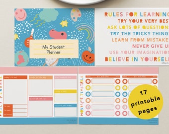 Kids Student Planner Printable, Homeschool Planner, Reading book tracker, Daily Weekly timetable organisation + planning, reward chart