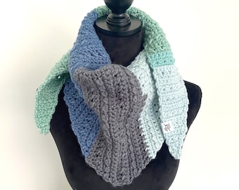 Textured scarf - handmade crochet triangular wrap in alternating shades of blue, green, and slate - great gift