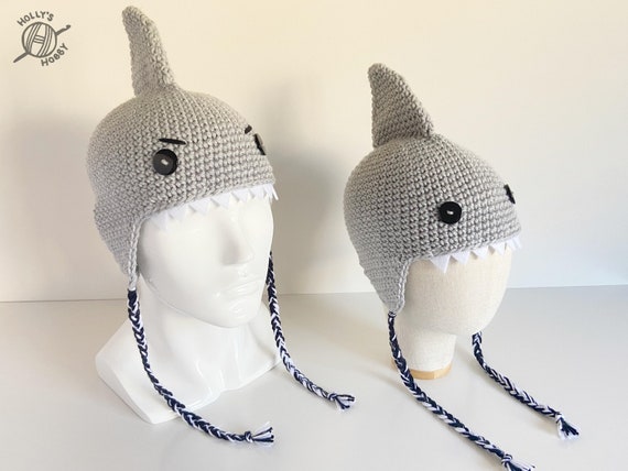 Crochet Shark Hat With Cute Dorsal Fin, Black Button Eyes and Felt