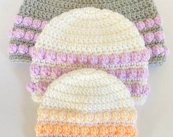 Beanie with coloured bobbles - cute crochet hat - warm winter skullcap in baby | child | teen | adult sizes - great unisex gift