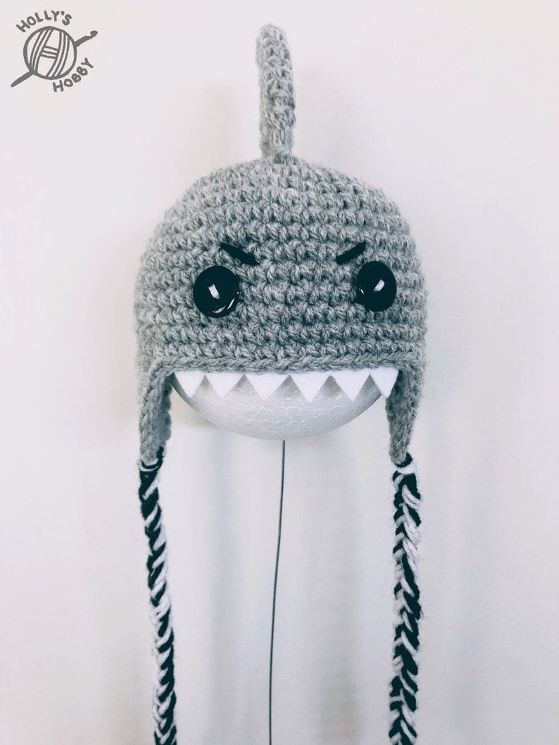 Shark hat for cat with adorable fin on top and felt teeth cute, handmade crochet pet beanie cat costume accessory Cranky eyebrows