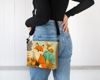 Woodland Fox Vegan Leather Crossbody Purse, Cute Forest Animal Bag, Fox and Pinecone Nature Print, Adjustable Shoulder Bag
