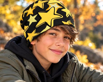 Youth Star Beanie, Black and Yellow Stars, Trendy Printed Winter Hat, Unisex Youth Headwear