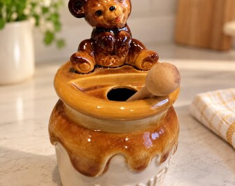 Vintage Japanese Bear Honey Pot with Wooden Dipper, Amber Drip Glaze, Made in Japan, Mid-Century Kitchen Collectible