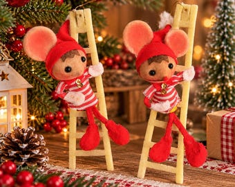 Vintage 1950s Christmas Climbing Mice on Ladders – Set of 2 Red  White Mouse Figures