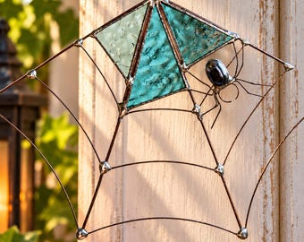 Stained Glass Spider Web with Spider, Metal  Blue Glass, Halloween Decor, Handmade