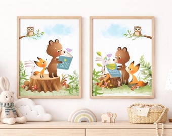 Woodland Animals Reading Art Print Set | Whimsical Nursery Decor (Digital Download)