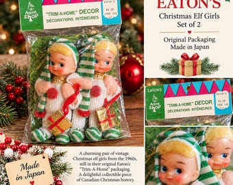 Vintage 1960s Eaton's Christmas Elf Girls, Set of 2, Made in Japan, Original Packaging