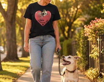 May include: A black t-shirt with a heart-shaped graphic that says "Love is a Rescue Dog" and features a dog. A woman walks a dog on a sidewalk. The dog is light brown with a brown collar.