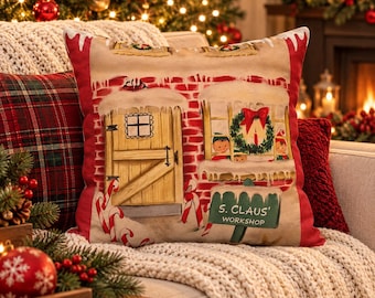 Santa Claus Workshop Pillow Cover, Vintage Christmas Cushion, Festive Holiday Decor