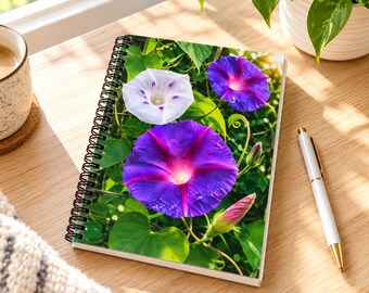 Large Morning Glory Notebook, Purple Floral Spiral Journal, Botanical Flower Notebook, Nature Lover Gift