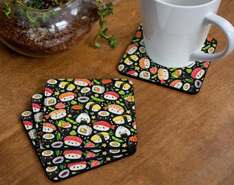 Cute Sushi Coasters Set of 4, Japanese Food Decor, Funny Sushi Drink Mats, Sushi Lover Gift, Colorful Kitchen Accessories