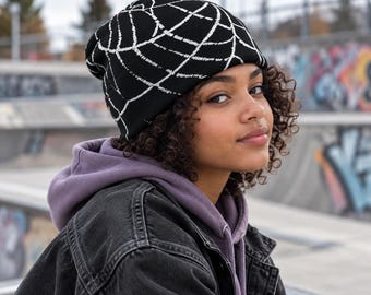 Youth Spiderweb Beanie, Black and White Web Print, Alternative Style Winter Hat