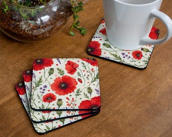 Red Poppy Coasters Set of 4, Floral Drink Coasters, Botanical Table Decor, Cottage Style Home Accessories, Flower Lover Gift