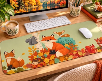 Woodland Animals Desk Mat, Fox and Squirrel Mouse Pad, Forest Friends Keyboard Mat, Nature Inspired Desk Decor, Gift for Animal Lovers