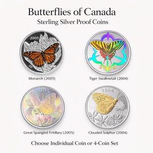 Real Casa de la Moneda de Canadá Mariposas de Canadá Plata Proof / Monarca Tigre Fritilaria Nublada Azufre / Elija una o un juego