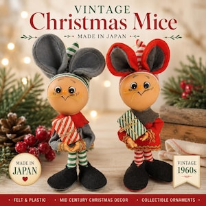 May include: Two vintage Christmas mice ornaments made in Japan. Each mouse has a round head, large ears, and black shoes. One mouse wears a grey outfit with a red and white striped gift, while the other wears a red outfit with a green and white striped gift.