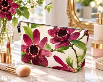Burgundy Floral Makeup Bag, Pink and Plum Botanical Cosmetic Pouch, Colourful Flower Toiletry Bag, Nature Lover Gift