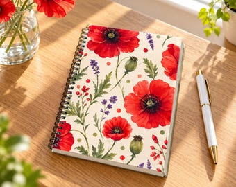 Red Poppy Spiral Notebook, Watercolour Floral Journal, Botanical Writing Notebook, Flower Lover Gift