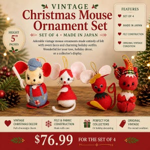 May include: A set of four vintage felt Christmas mouse ornaments, each 12.7 cm tall. The mice feature various holiday outfits, including blue overalls, red dresses, and festive hats. They are crafted from felt and fabric, made in Japan.