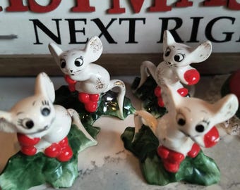 Vintage 1958 Holt Howard Christmas Mouse Candle Huggers, Set of 4, Jolly Holly Ceramic Holiday Collectibles