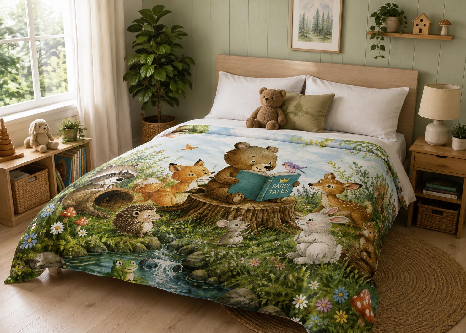Woodland Animals Duvet Cover for Kids | Storybook Forest Bedding | Bear Fox Bunny Owl | Children'
