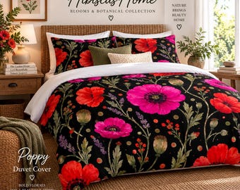 Poppy Duvet Cover | Botanical Floral Bedding | Red /Black/ Pink Poppy Duvet | Cottage Garden Bedding | Nature Inspired Home Decor