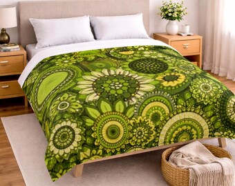 Funda nórdica floral retro / Ropa de cama botánica verde / Decoración moderna de mediados de siglo / Funda nórdica de satén de algodón / Hecho en Canadá