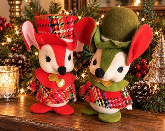 Vintage Japanese Felt Christmas Mice with Plaid Jackets and Hats -Set of 2 – Red  Green Holiday Mouse Figures
