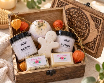 Hibiscus Home Self Care Gift Box, Bath and Body Gift Set, Wooden Keepsake Box, Handmade Gingerbread Aroma Stone, Gift for Her
