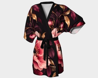 Black Floral Kimono Robe, Burgundy Pink Botanical Dressing Gown, Elegant Women's Lounge Robe, Luxury Floral Gift, Vintage Inspired Robe