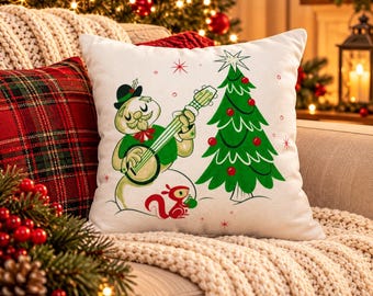 Banjo Snowman Christmas Pillow Cover, Whimsical Holiday Cushion