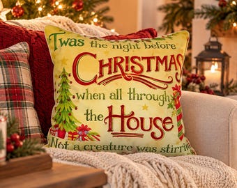 Twas the Night Before Christmas Pillow Cover, Vintage Holiday Cushion, Christmas Throw Decor