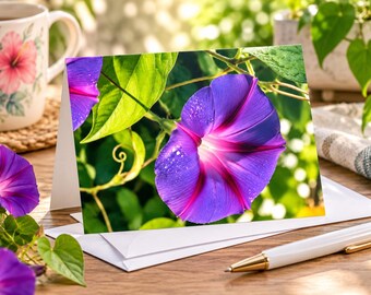 Purple Morning Glory Greeting Card, Floral Photography Stationery, Landscape Flower Art Card, Botanical Note Card