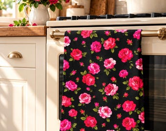 Rose Cotton Linen Canvas Tea Towel, Botanical Kitchen Towel, Cottage Kitchen Decor, Garden Flower Gift, Hibiscus Home
