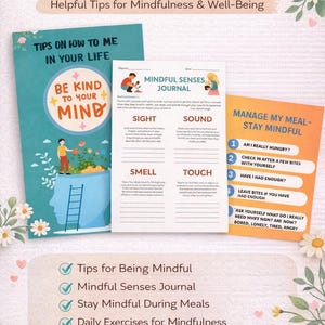Op de afbeelding: Verzameling mindfulness-afdrukken met de tekst "Wees bewust in je dagelijks leven". Bevat een journal, tips over mindfulness en oefeningen. Blauw en oranje kleurenschema.