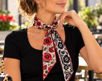 Silk Twill Ribbon Scarf, Two-Sided Red Poppy and Black White Floral Print, Skinny Silk Neck Scarf, Hair Accessory